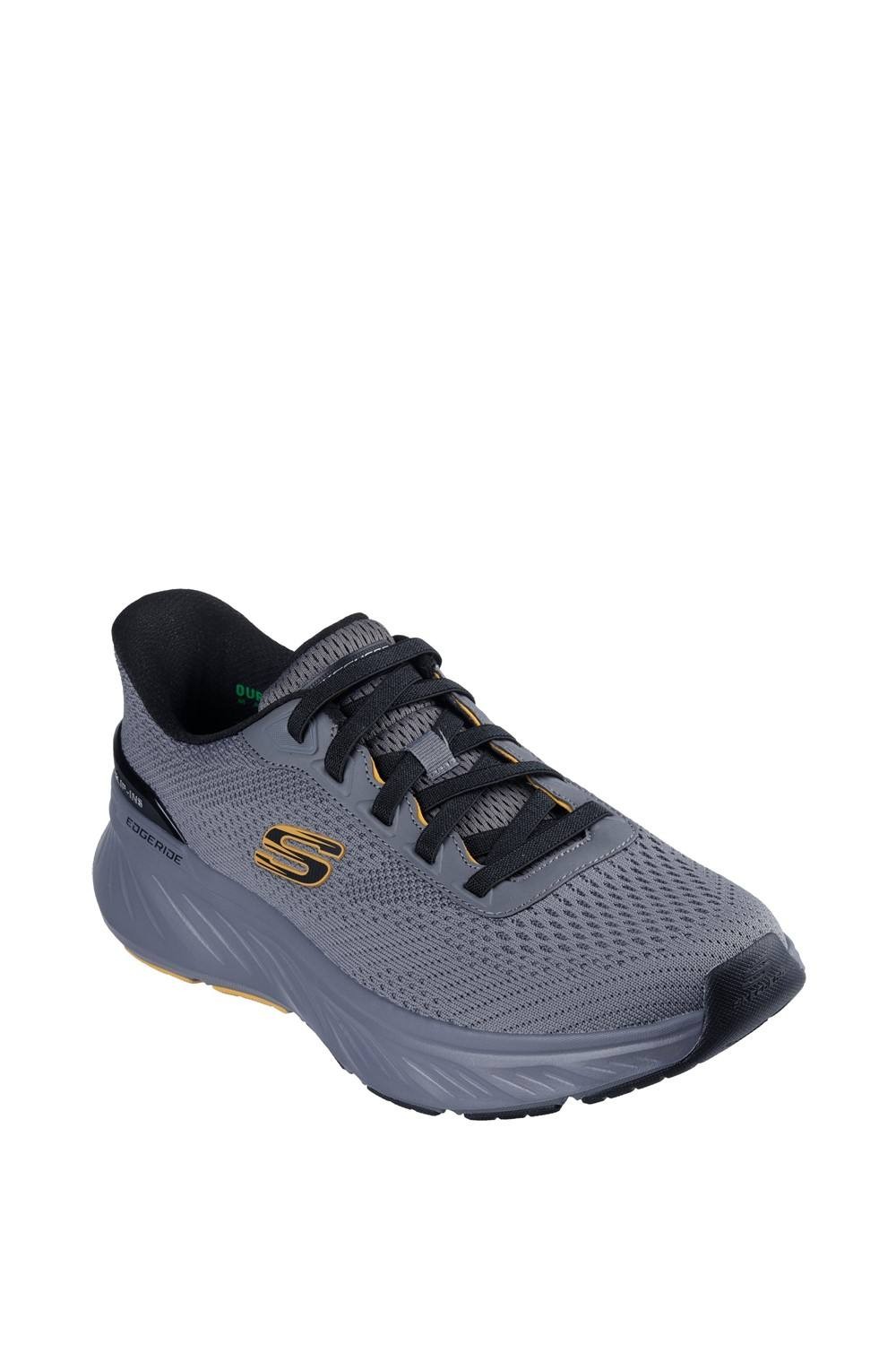 Charcoal Skechers Men Edgeride Trainer features a breathable mesh upper, black laces, and a cushioned sole, available in size 6 with gold accents on the side.