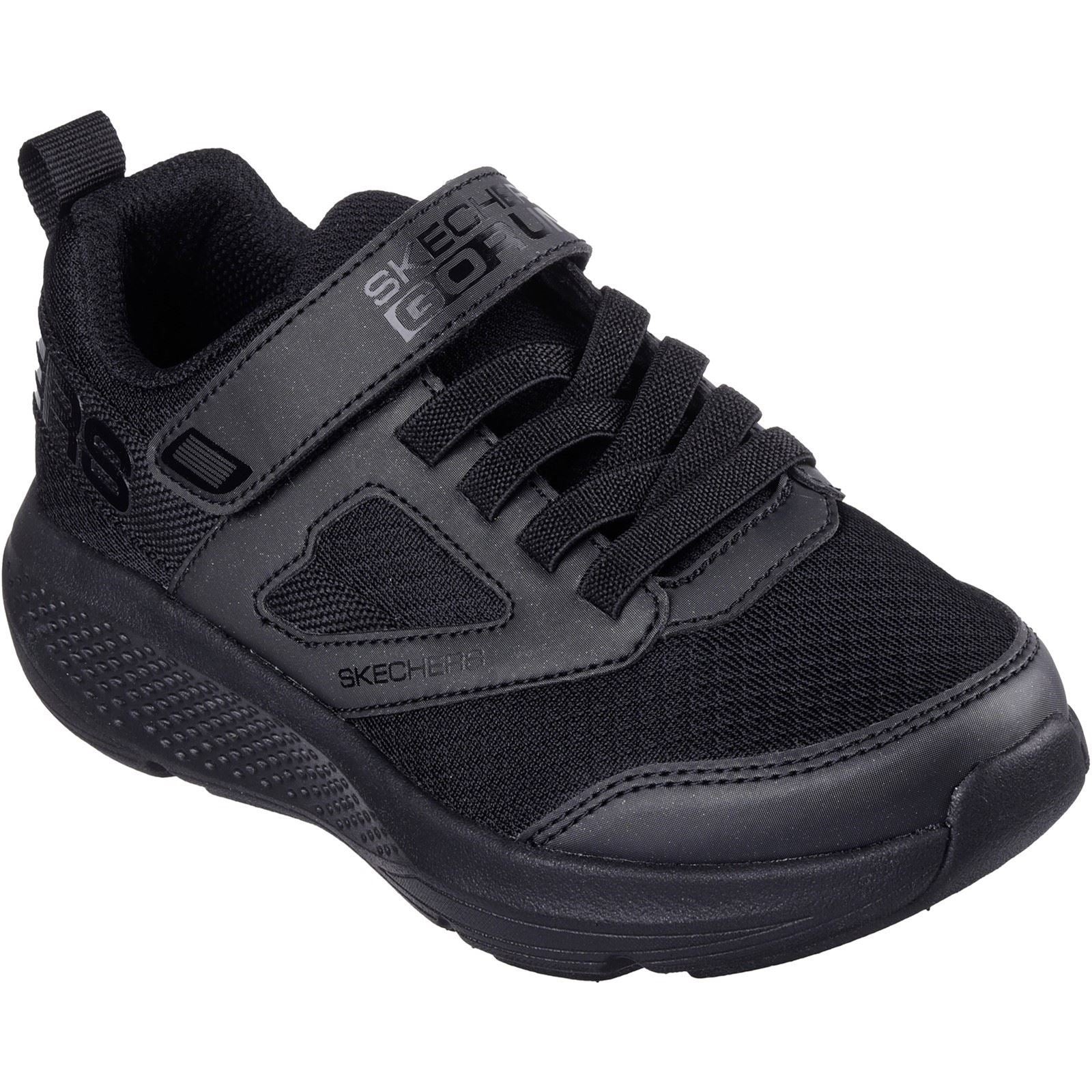Black textile junior trainers by Skechers featuring a sporty design, adjustable strap, and cushioned sole for comfort.