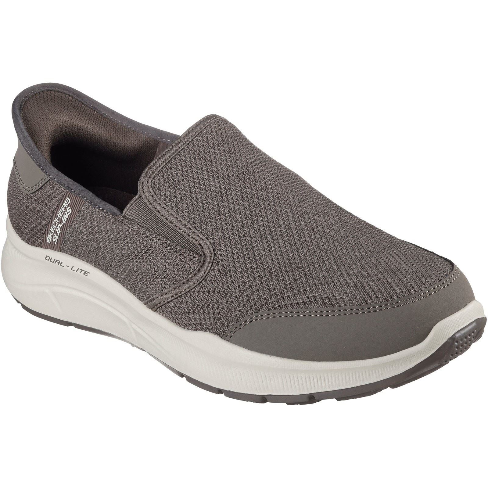 Taupe slip-on Skechers Men Equalizer 5.0 Drayze Shoes featuring a breathable mesh upper, cushioned sole, and a lightweight design, size 6.