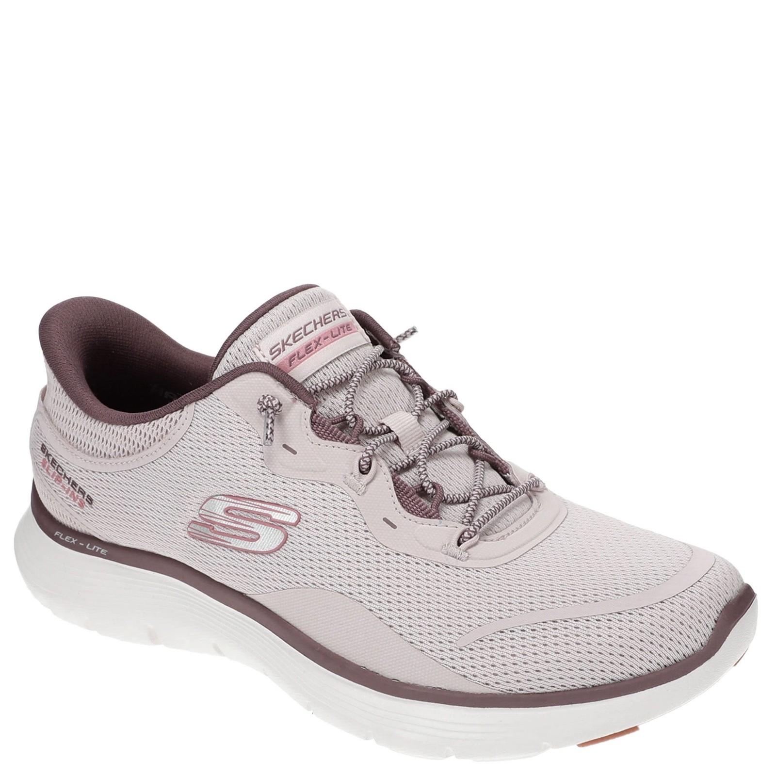 Light pink Skechers women's sneaker featuring a breathable mesh upper, lace-up design, and cushioned sole for comfort, labeled "Flex Appeal 5.0-Easy Breezy."