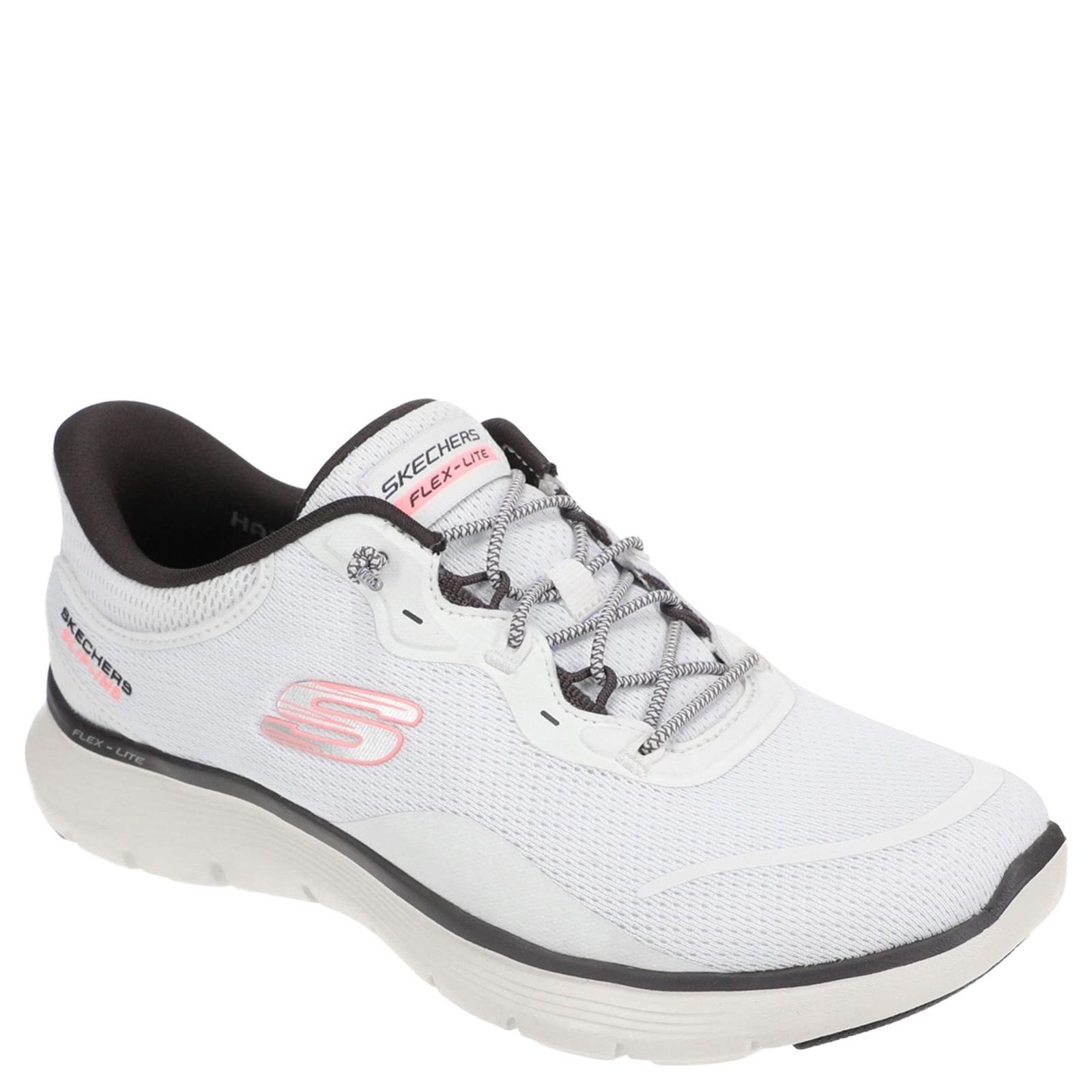 White Skechers Flex Appeal 5.0 Easy Breezy Trainer featuring a breathable mesh upper, pink and gray accents, and a cushioned sole for comfort.
