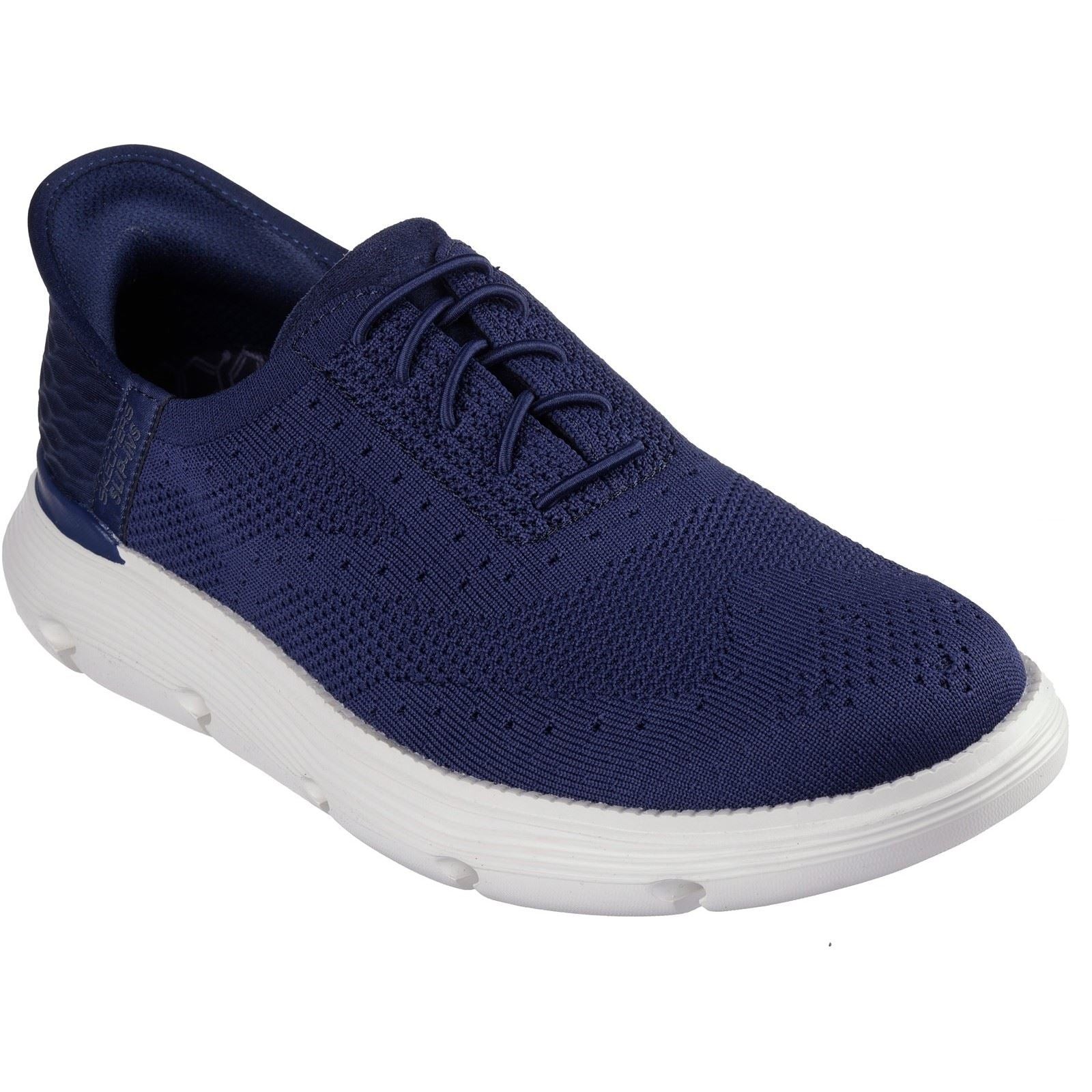 Navy Skechers Men Garza Palma Trainer featuring a breathable knit upper, slip-on design, and a white cushioned sole, size 6.