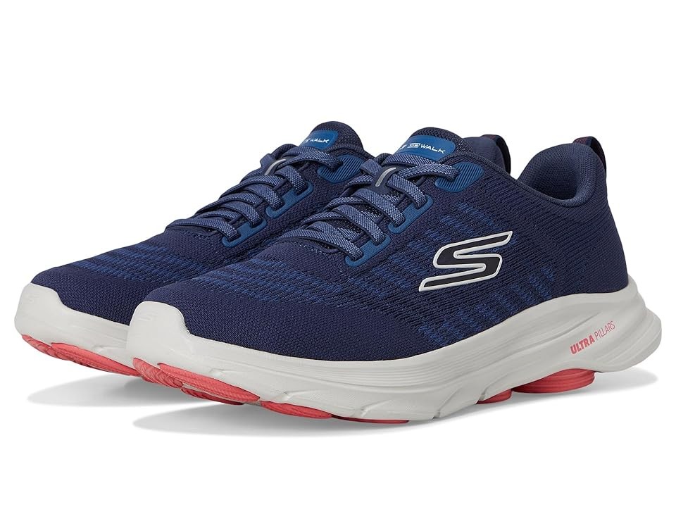 Navy and red Skechers Performance Go Walk 8 men's walking shoes featuring a synthetic upper, slip-in design, and cushioned sole with a white and pink outsole.