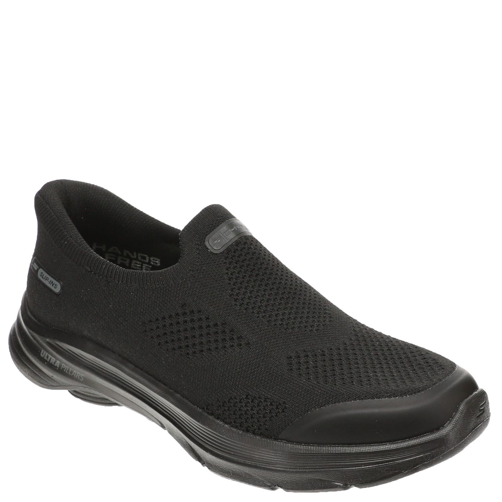 Black slip-on Skechers Performance GO WALK 8-Nova shoes featuring a breathable mesh upper, cushioned sole, and a sleek, lightweight design for comfort and style.