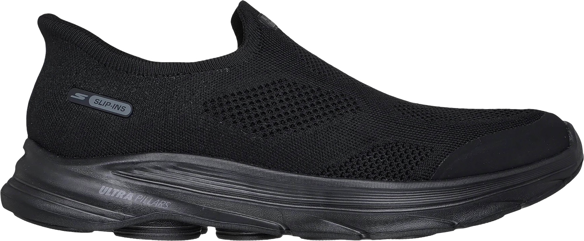 Black slip-on trainers featuring a breathable textile upper, mesh panels for ventilation, and a cushioned sole for comfort, designed for easy wear and walking.
