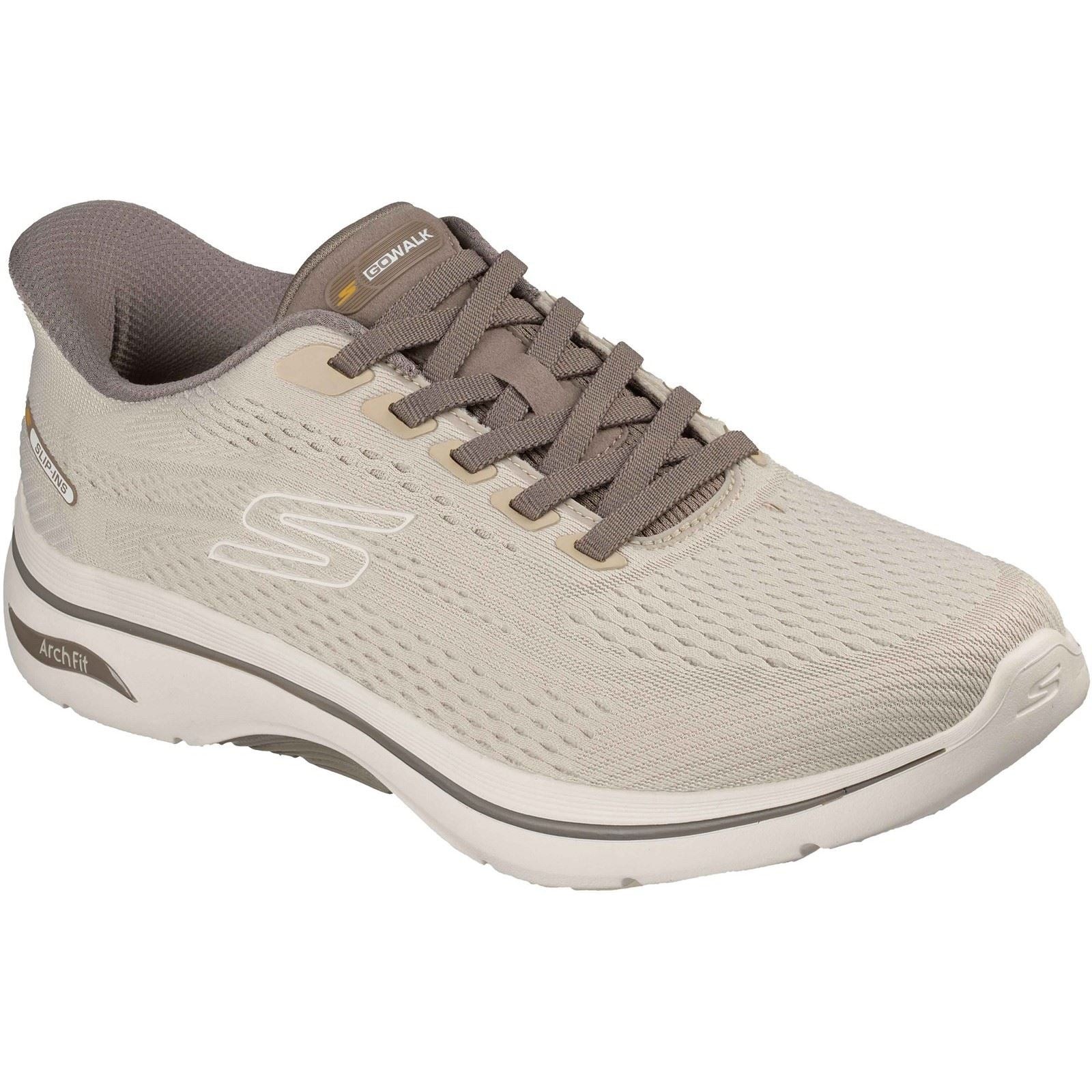 Tan textile trainers with a breathable mesh upper, featuring a cushioned sole, lace-up design, and Skechers logo on the side, ideal for comfort and support.