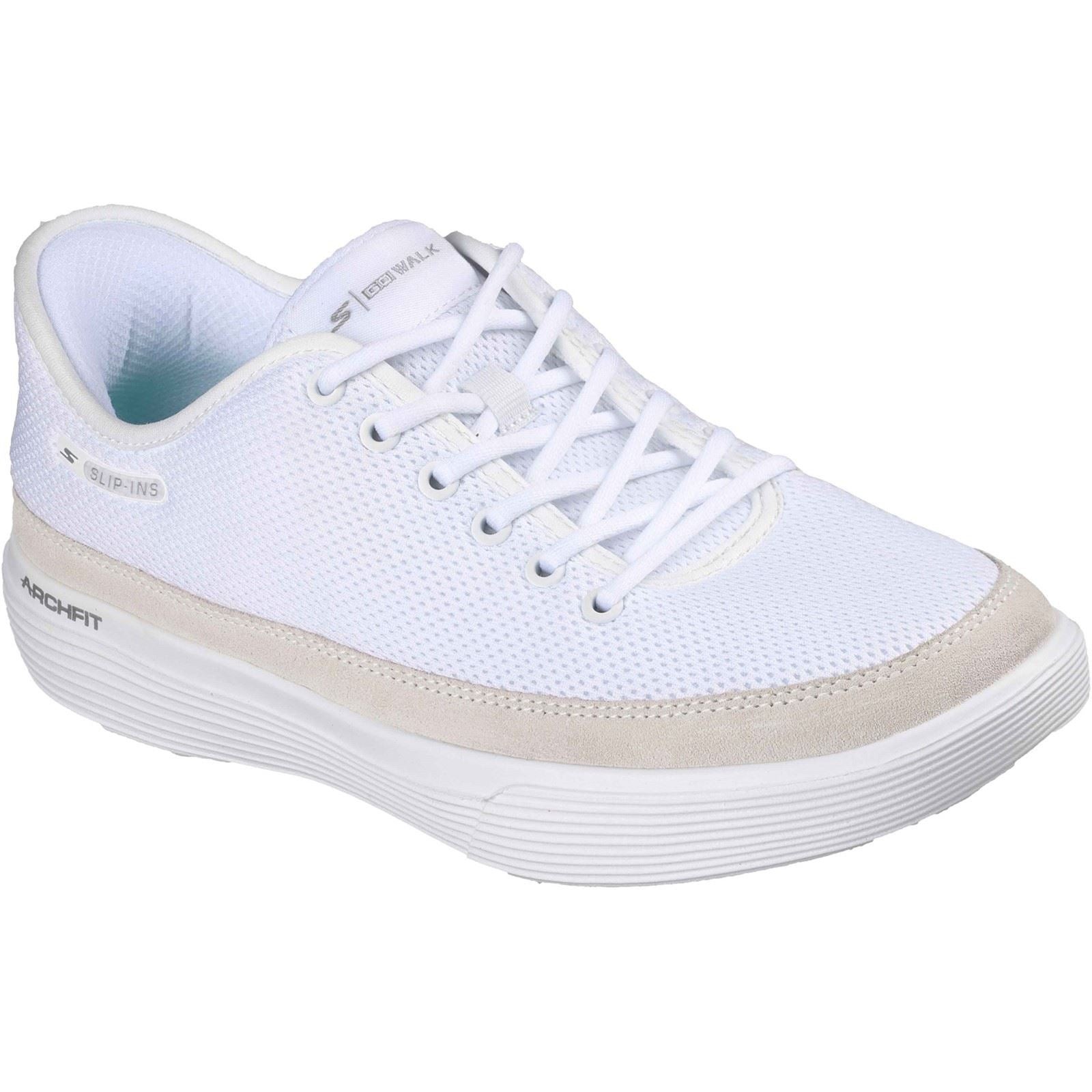 Skechers Gowalk Commuter Trainer in white, featuring a breathable mesh upper, light grey suede accents, and a cushioned sole for comfort and support.