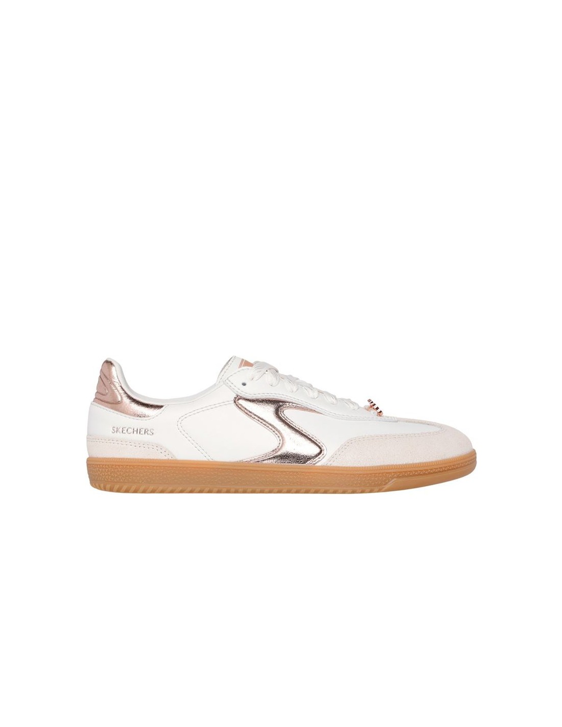 White Skechers Hotshot Cool Glow Trainer featuring a sleek design, metallic rose gold accents, and a textured gum sole for enhanced grip.