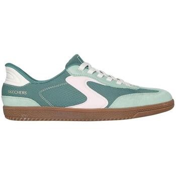 Green Skechers Hotshot trainers featuring a mix of smooth and textured materials, a white side panel, and a brown rubber sole for everyday comfort.