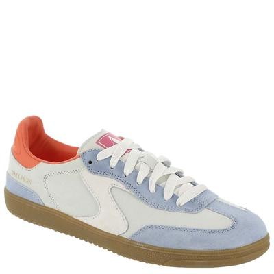 Light blue trainer with suede and mesh upper, white overlays, orange heel, and white laces, featuring a gum rubber sole and Skechers logo on the side.