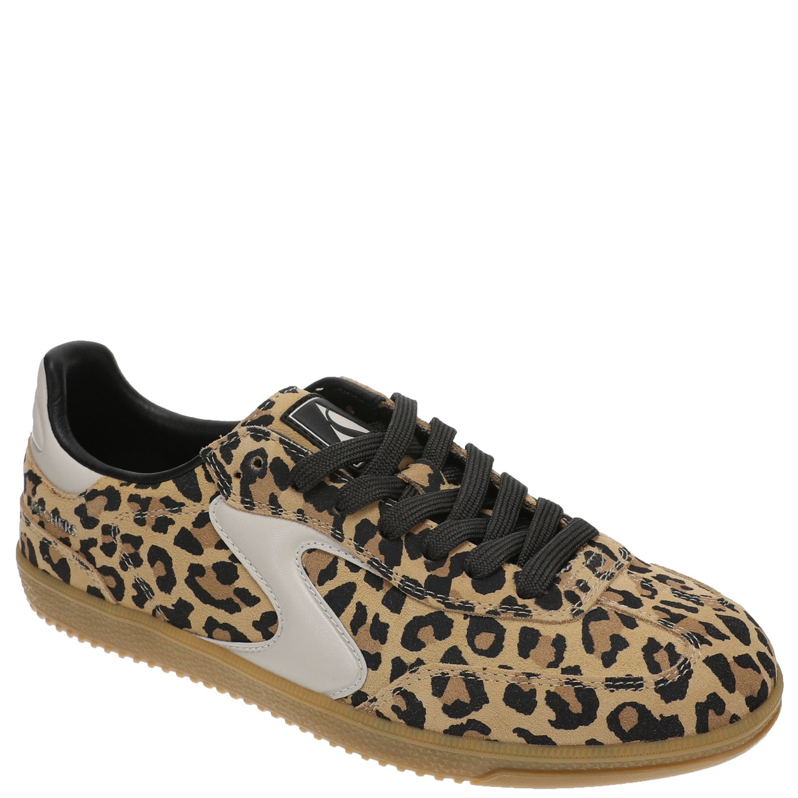 Suede lace-up sneakers featuring a leopard print design in tan and black, with a white side panel and black laces, set on a gum rubber sole.