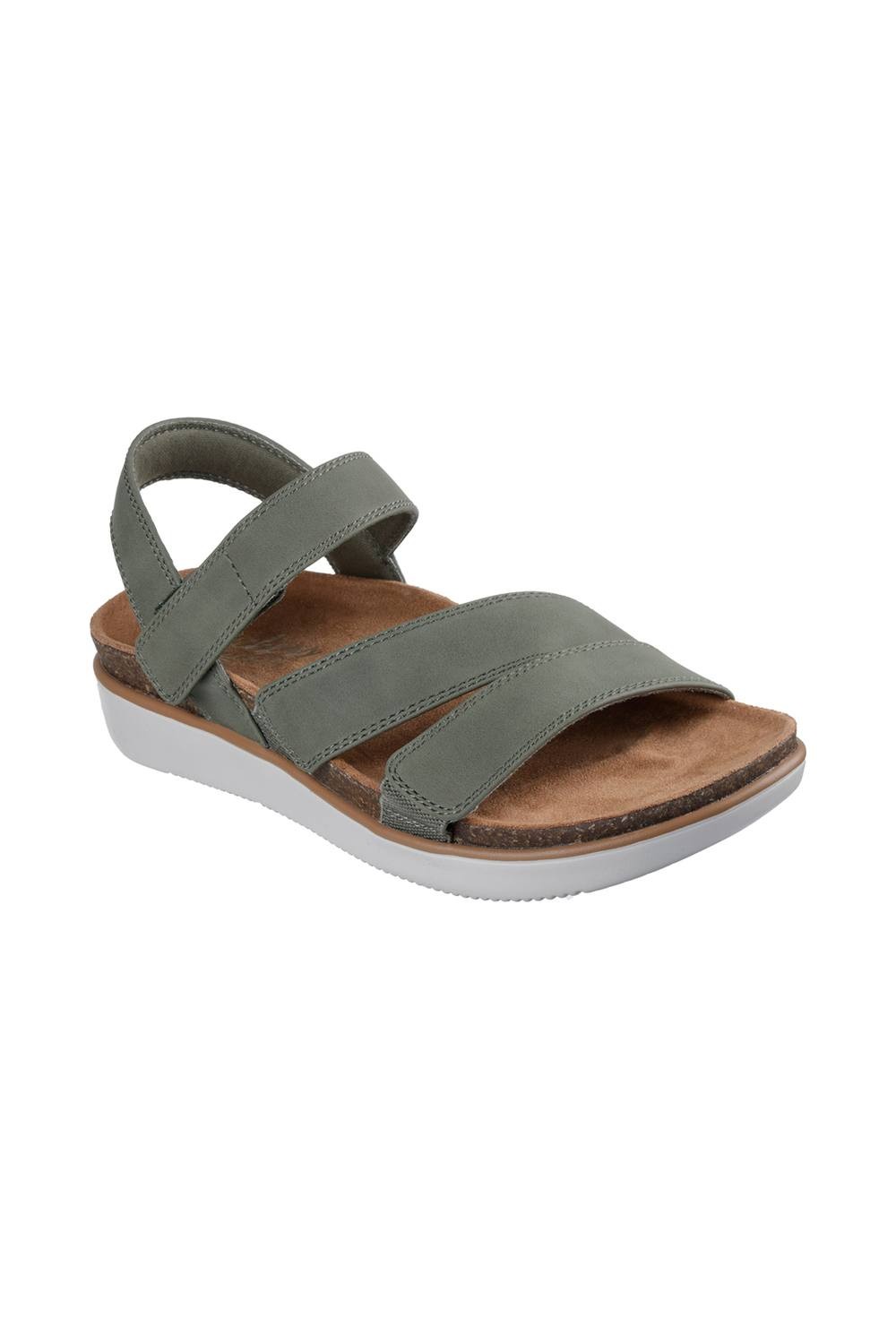 Olive green Skechers women's sandals featuring two wide straps, a cushioned footbed, and a white rubber sole, available in size 6.0 M.