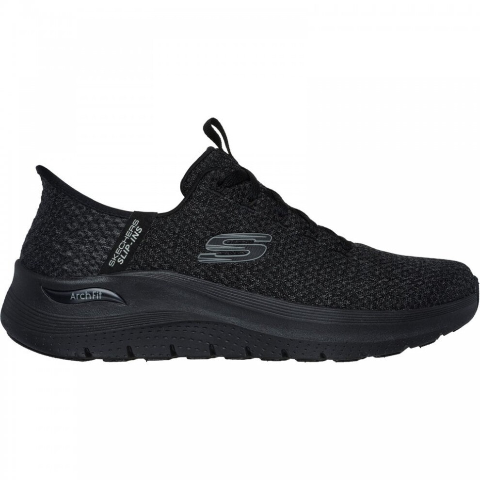 Black synthetic men's shoes by Skechers featuring a slip-in design, mesh upper, and cushioned sole with "Arch Fit" branding for support.