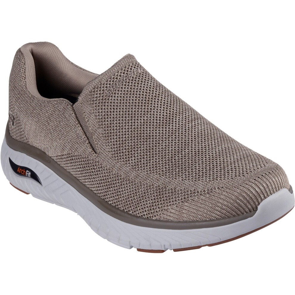 Taupe slip-on trainer with a breathable mesh upper, cushioned Arch Fit insole, and a flexible white outsole, designed for comfort and support.