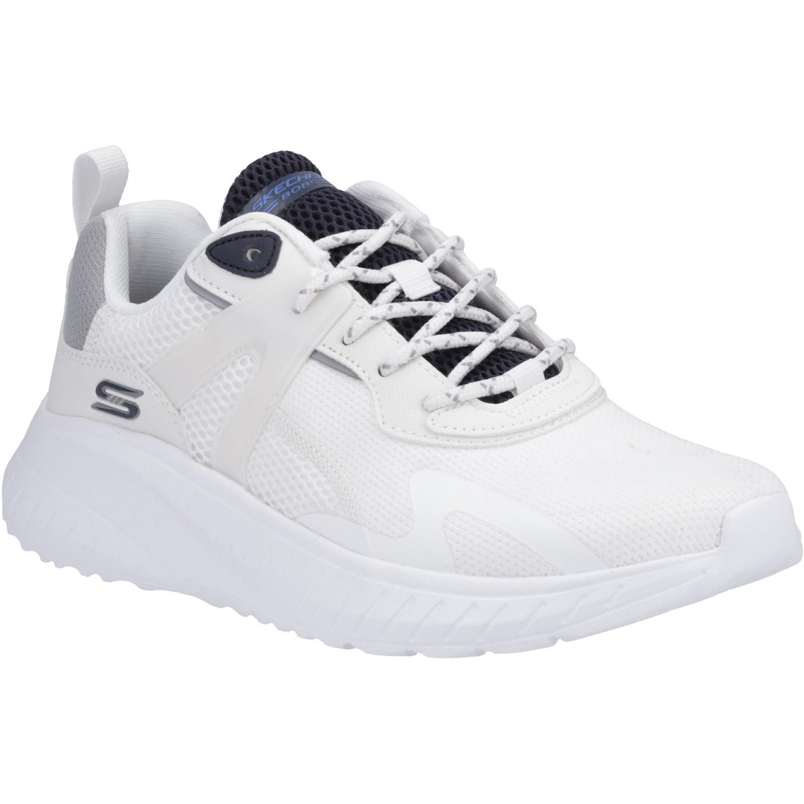 White and multi-colored Skechers Men's Bobs Squad Chaos Elevated Drift Trainers featuring a mesh upper, cushioned sole, and lace-up design.