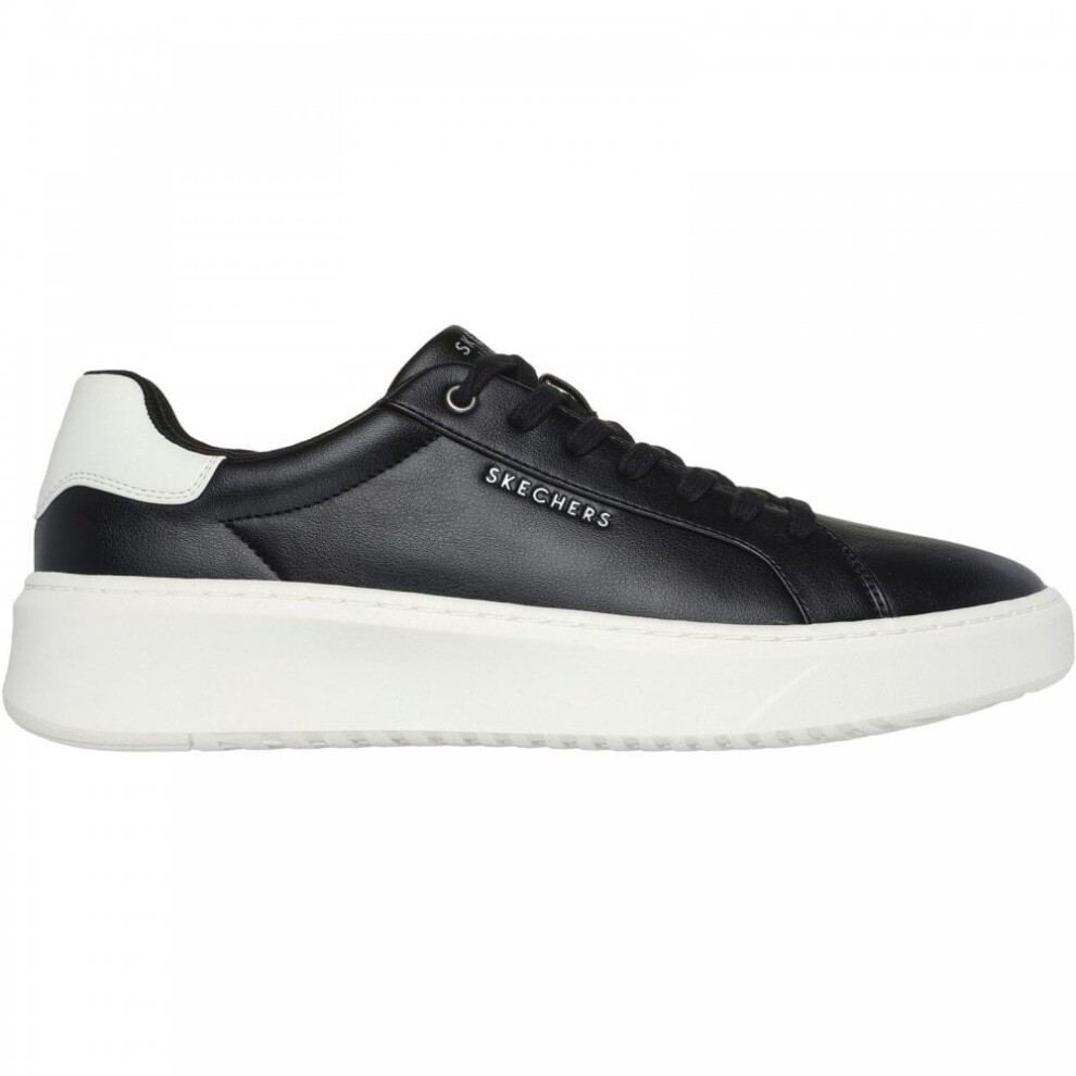 Black leather sneakers with a sleek design, featuring a white rubber sole, lace-up front, and Skechers logo on the side.