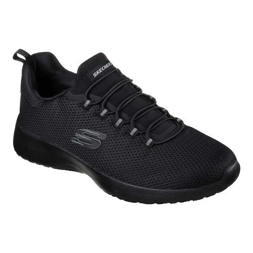 Skechers Men Dynamight Shoes in black, featuring a breathable mesh upper, elastic laces, and a cushioned sole, available in size 6.