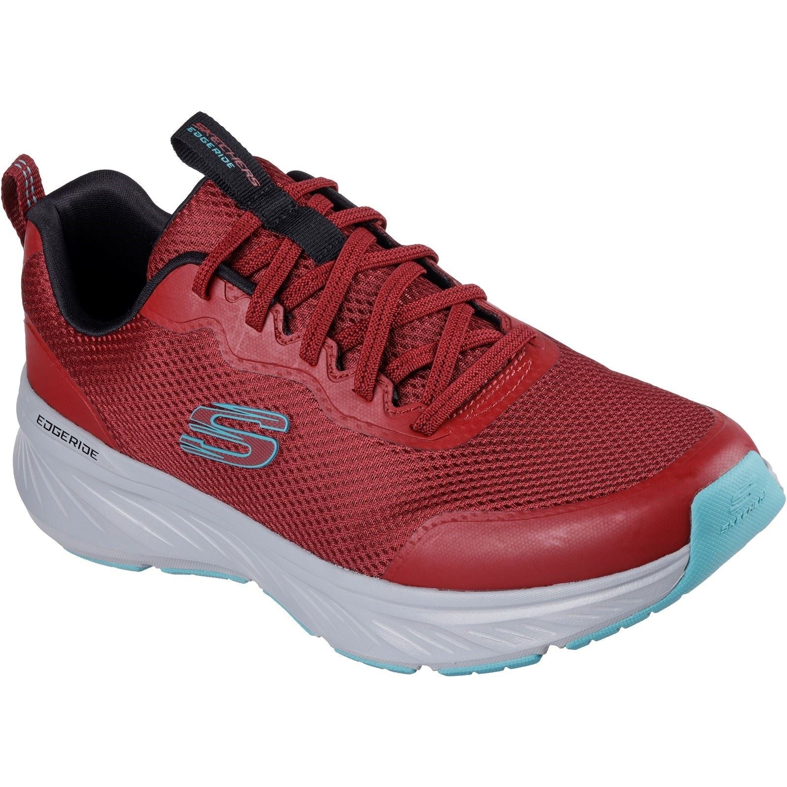 Burgundy and grey Skechers Edgeride Rekze shoe featuring a breathable mesh upper, cushioned sole, and signature S logo on the side.