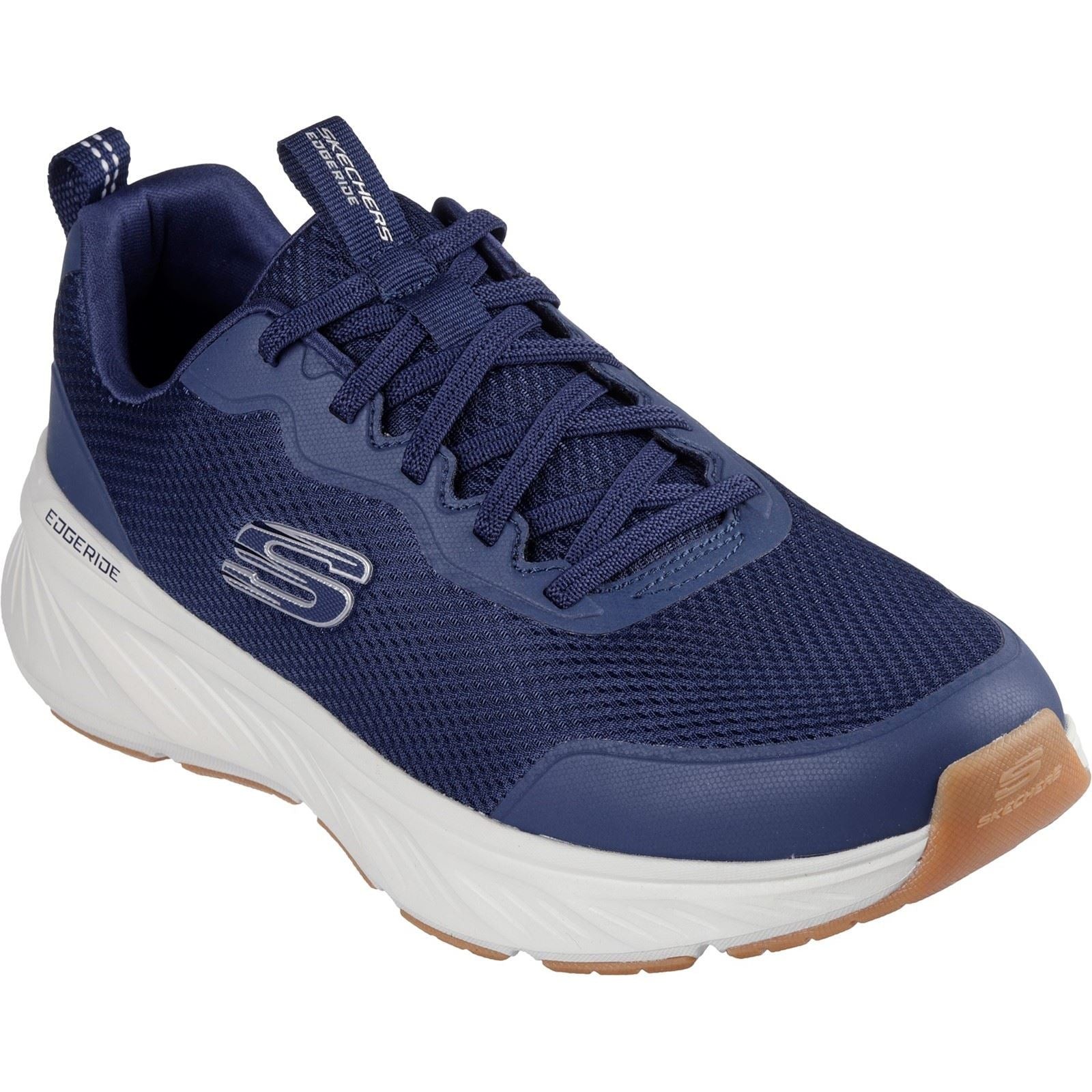 Navy blue athletic shoe with a breathable mesh upper, white midsole, and gum rubber outsole, featuring Skechers logo on the side and laces for secure fit.