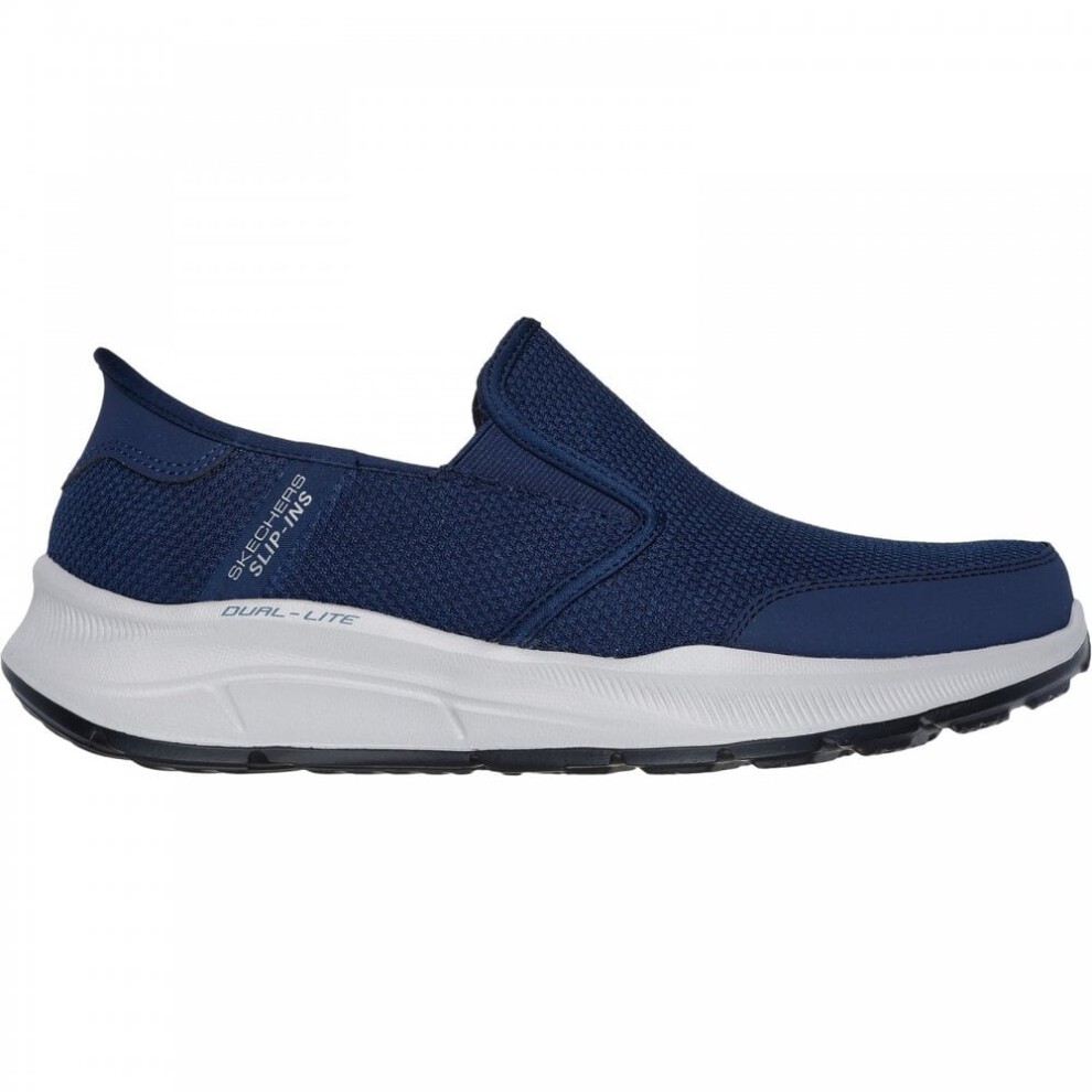 Navy blue Skechers Sport Slip-Ins sneaker with a relaxed fit, featuring a breathable mesh upper, slip-on design, and a cushioned white sole for comfort.