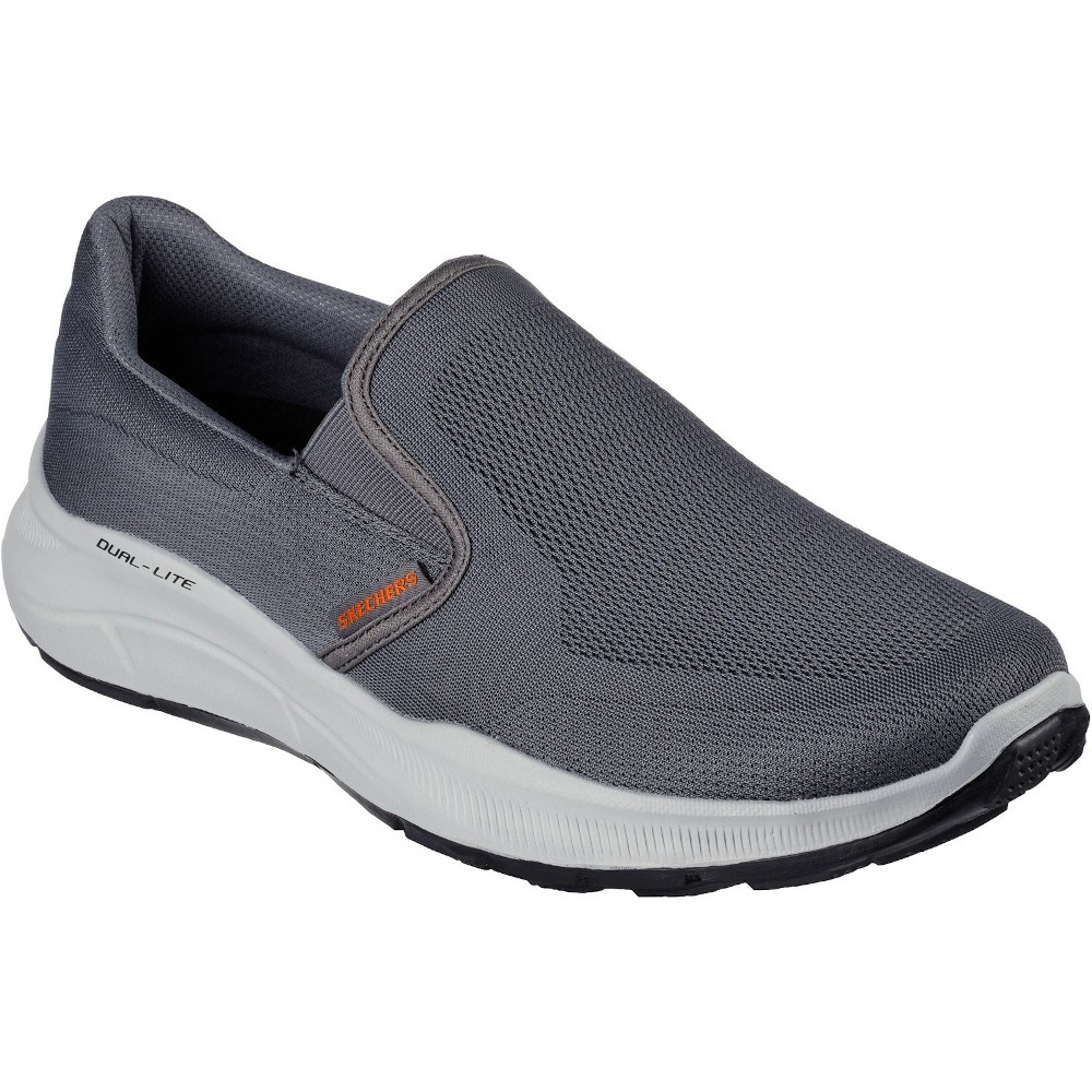 Charcoal slip-on trainer with a breathable mesh upper, cushioned sole, and contrasting white outsole, featuring Skechers branding on the side.