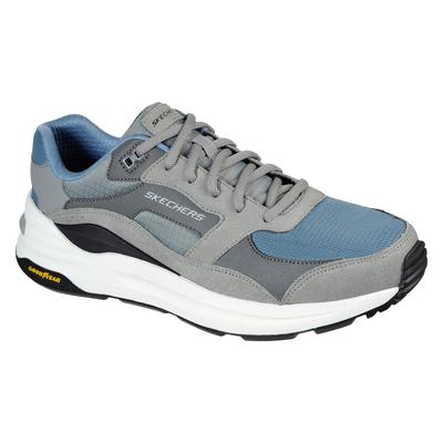 Skechers men's Global Jogger shoe features a grey and blue design with a mesh and suede upper, cushioned midsole, and a durable rubber outsole for enhanced comfort and support.