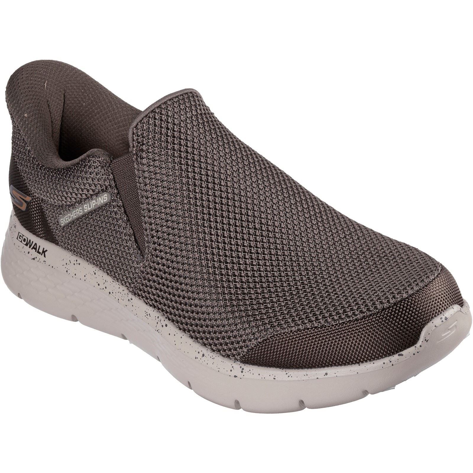 Khaki Skechers Men GO WALK Flex Ojai Shoe, featuring a slip-on design, breathable mesh upper, cushioned sole, and subtle speckled detailing on the outsole, size 6.