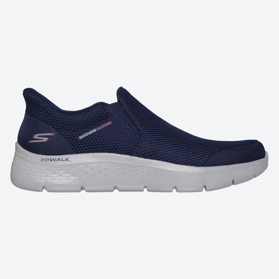 Navy blue slip-on Skechers GO WALK Flex Ojai shoe featuring a breathable mesh upper, cushioned sole, and a flexible design for comfort.