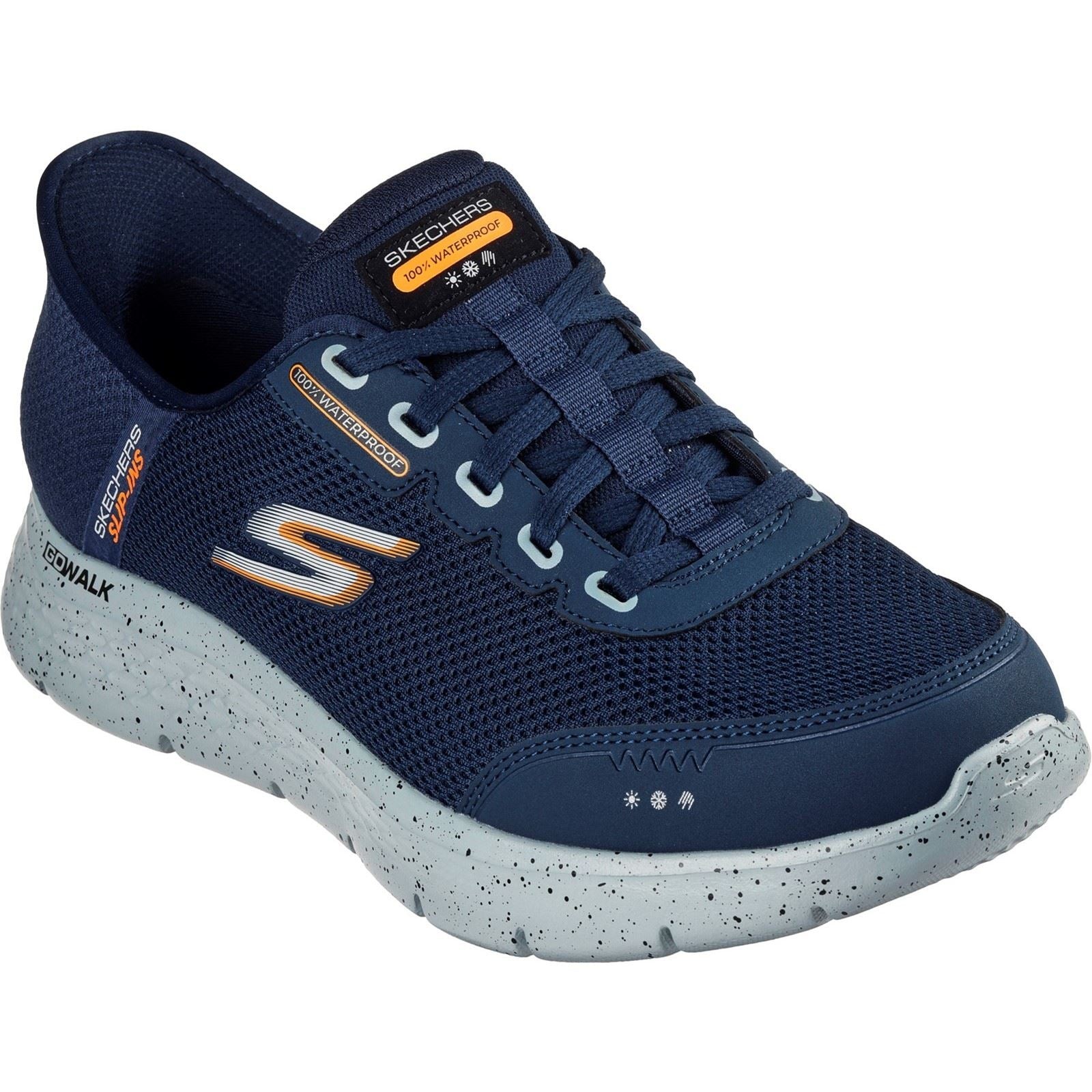 Navy Skechers Men's GO WALK Flex Shoe featuring a breathable mesh upper, lace-up design, and a speckled white sole for added style and comfort.