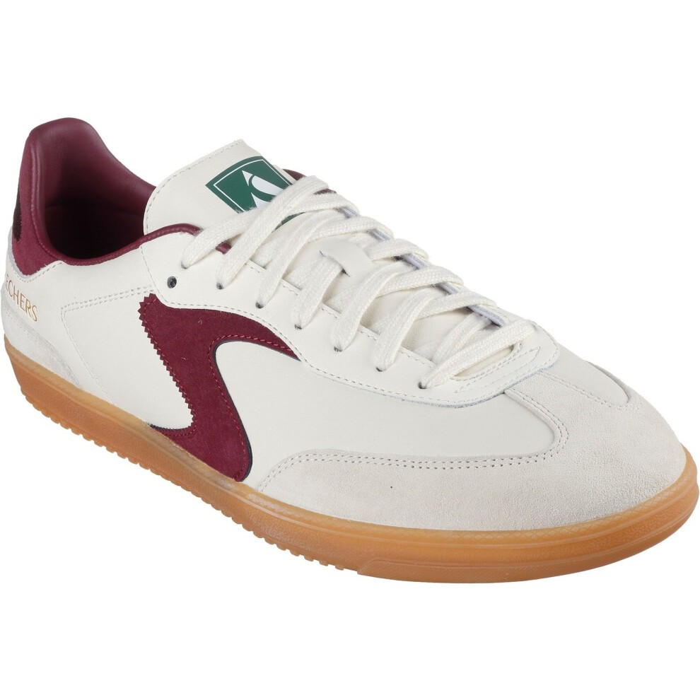Skechers men's Hotshot Pyke trainer features a natural white leather upper with burgundy suede accents and a gum rubber sole, designed for comfort and style.