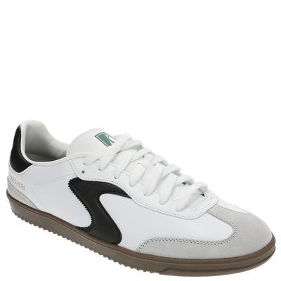 White sneaker featuring a suede and leather upper, black accents, a green logo on the tongue, and a textured rubber sole, designed for men in size 7 M.