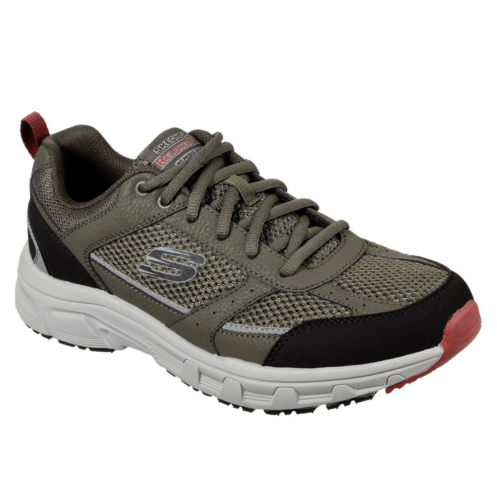 Olive green Skechers Men Oak Canyon Verketta Trainers with mesh and synthetic materials, featuring a black toe cap, red heel tab, and a cushioned sole, size 6.