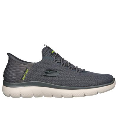 Grey Skechers Slip-Ins: Summits - High Range shoes featuring a textured upper, elastic laces, and a cushioned white sole for comfort and style.