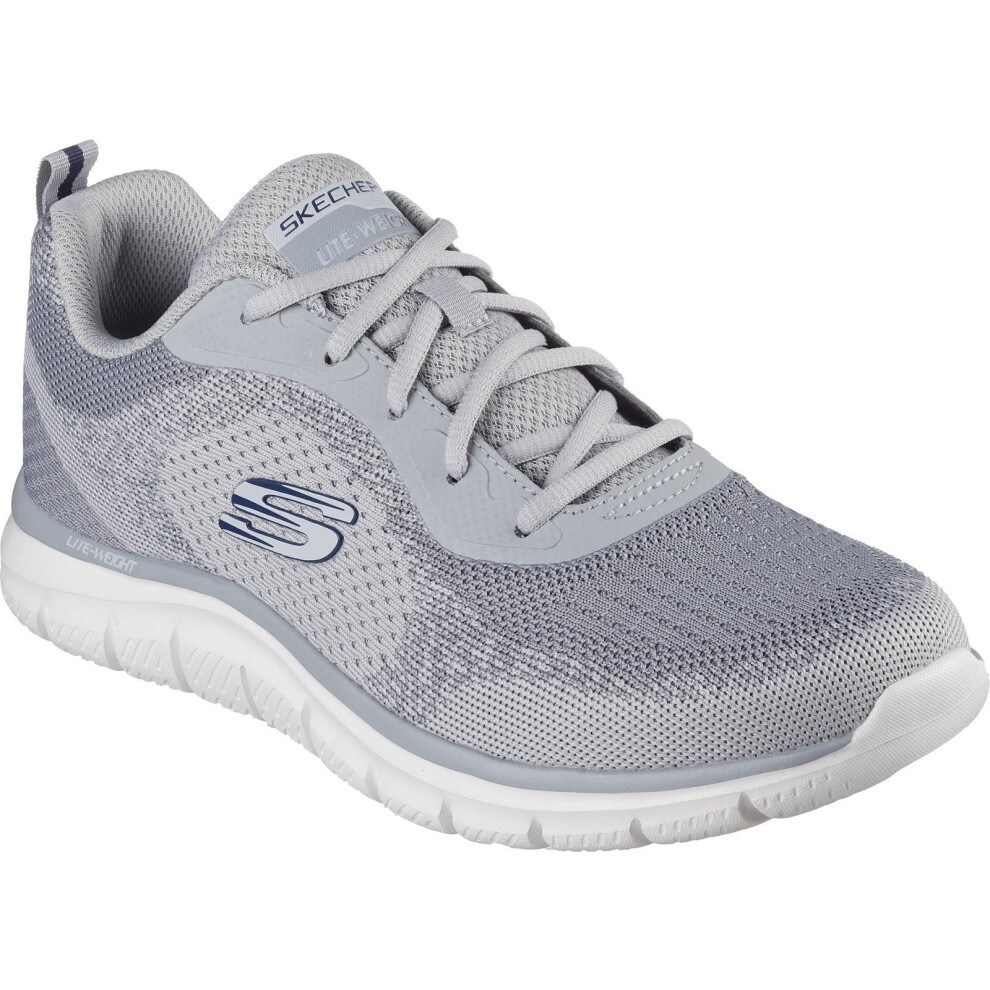 Skechers Men's Track Glendor Shoe in grey features a breathable mesh upper, cushioned sole, and a sleek design with blue accents and a logo on the side.