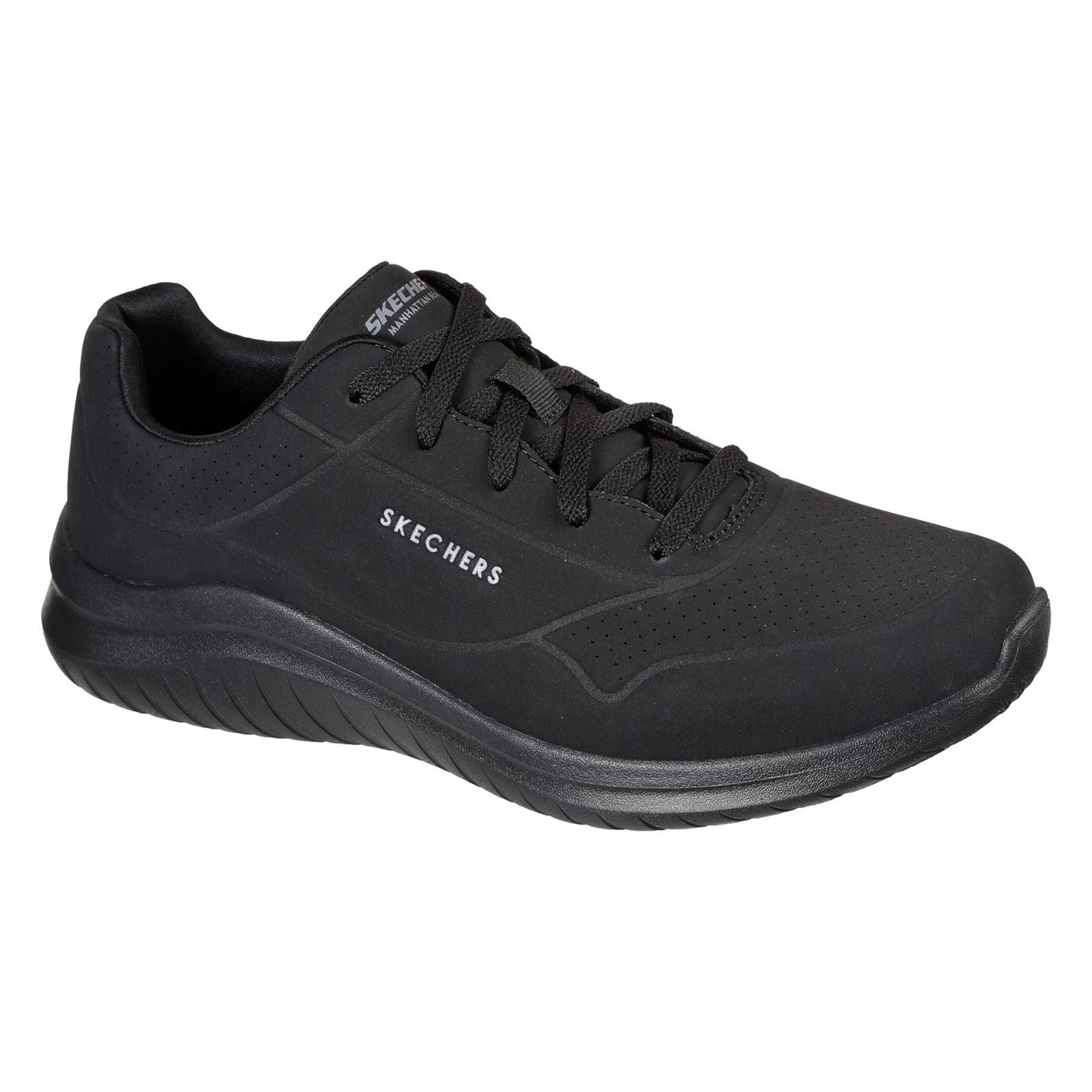 Black Skechers Men's Ultra Flex 2.0 Vicinity Shoe featuring a smooth upper, perforated detailing, lace-up design, and a cushioned sole for comfort.