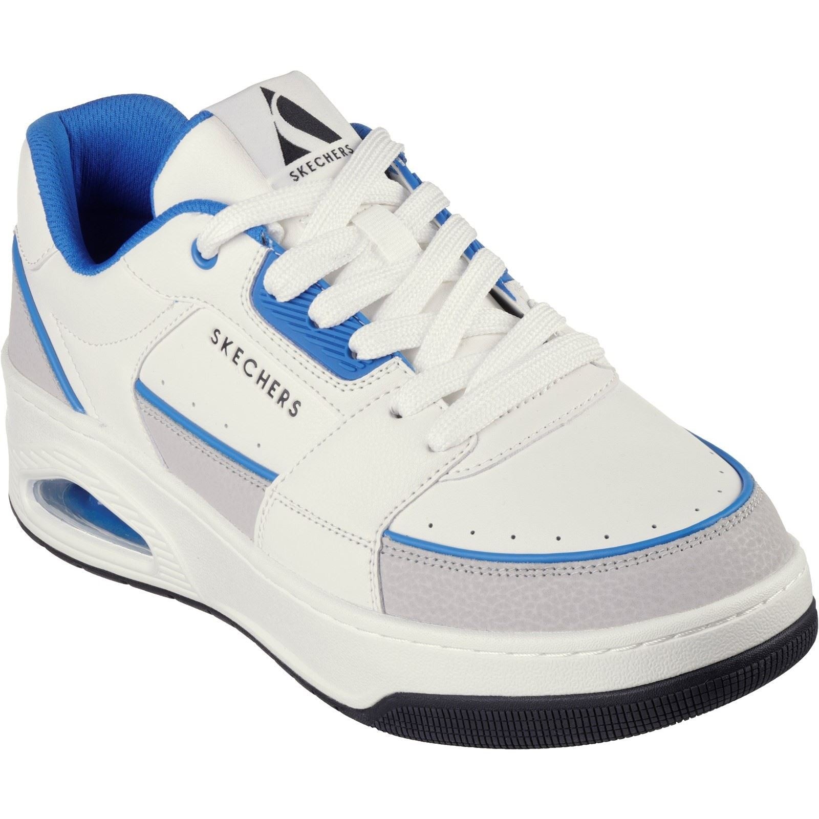 Skechers Men's Uno Court Low-Post Trainers feature a white leather upper with blue accents, a grey suede panel, and a cushioned sole for comfort.