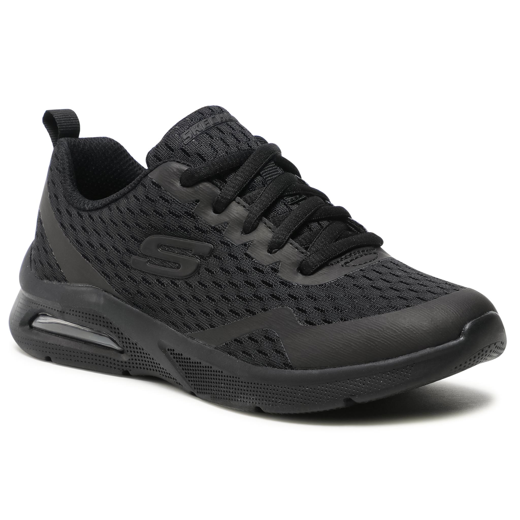 Black synthetic trainers featuring a breathable mesh upper, lace-up design, and a cushioned sole with a visible air unit, ideal for juniors.