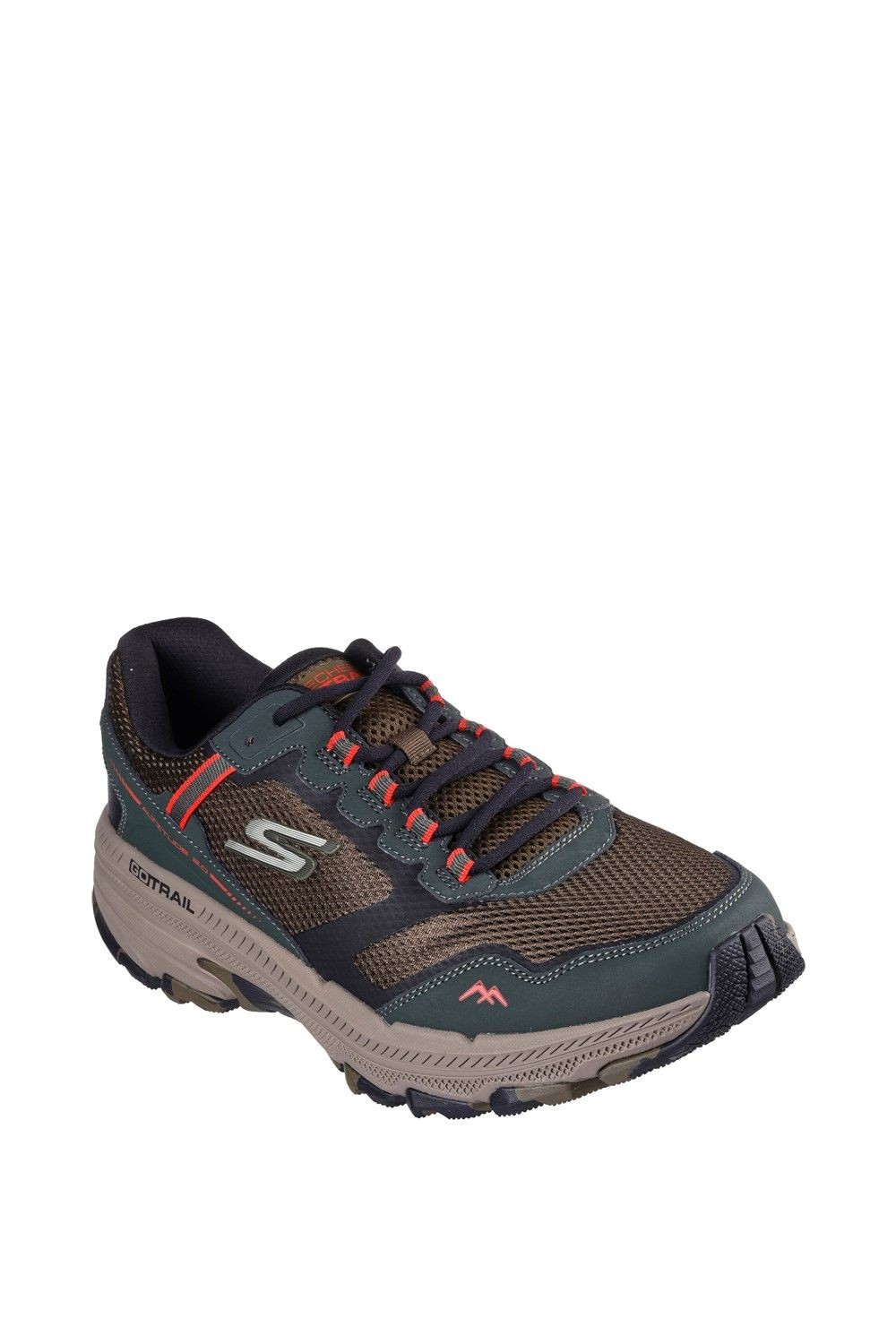 Skechers Men GO RUN Trail Altitude 2.0 in olive green with mesh upper, red accents, and a cushioned sole, designed for trail running, size 6.