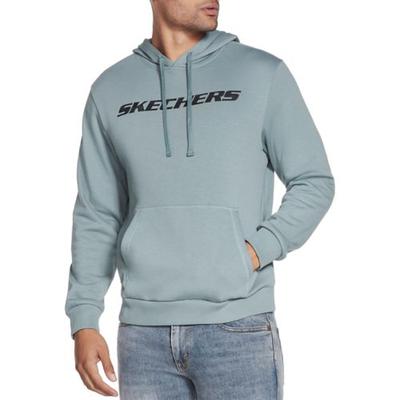 Pale blue Skechers Men Heritage Pullover Hoodie in size medium, featuring a front pocket and a bold black logo across the chest.