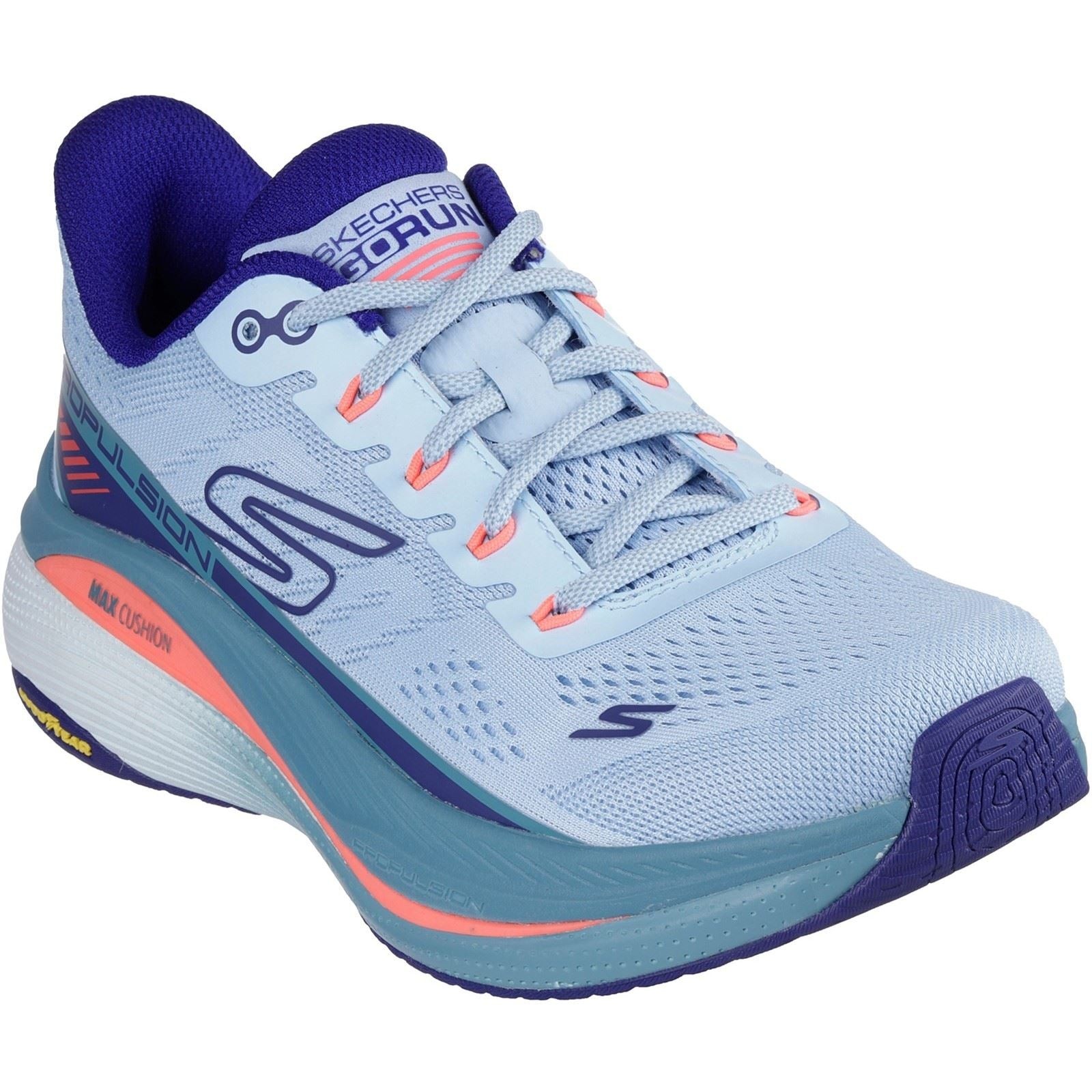 Light blue Skechers Max Cushioning Propulsion Trainer featuring a breathable mesh upper, vibrant purple accents, and a cushioned sole designed for comfort and support.