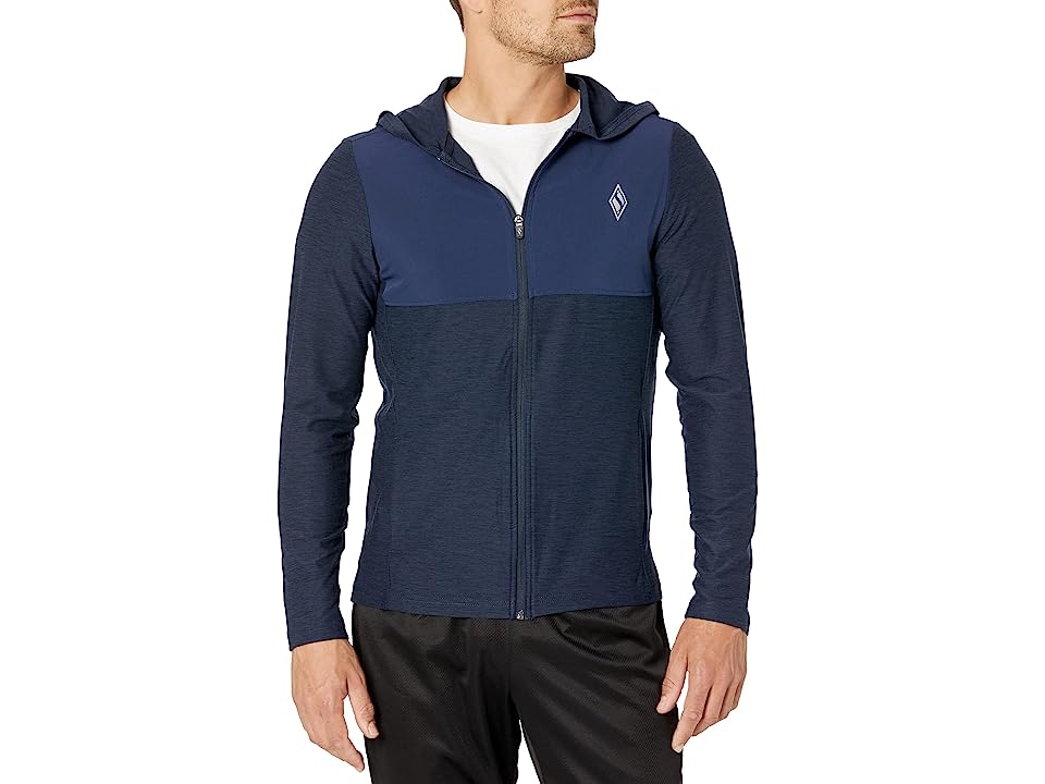 Men's blue hooded sweatshirt featuring a full zipper, made of lightweight polyester, with a two-tone design and a logo on the chest.