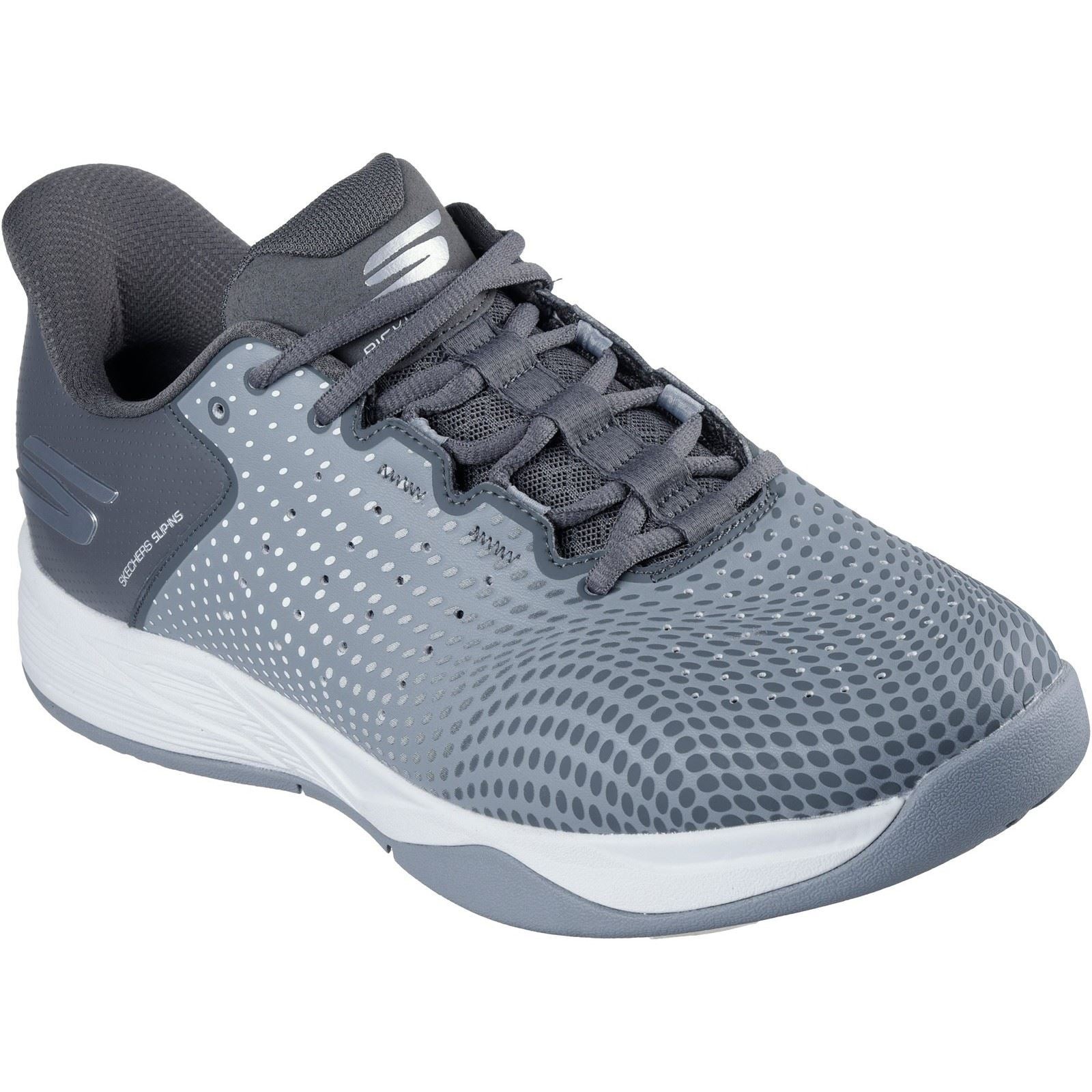 Men's grey and charcoal Skechers Performance trainers featuring a relaxed fit, breathable mesh upper with perforations, and a cushioned sole for comfort.
