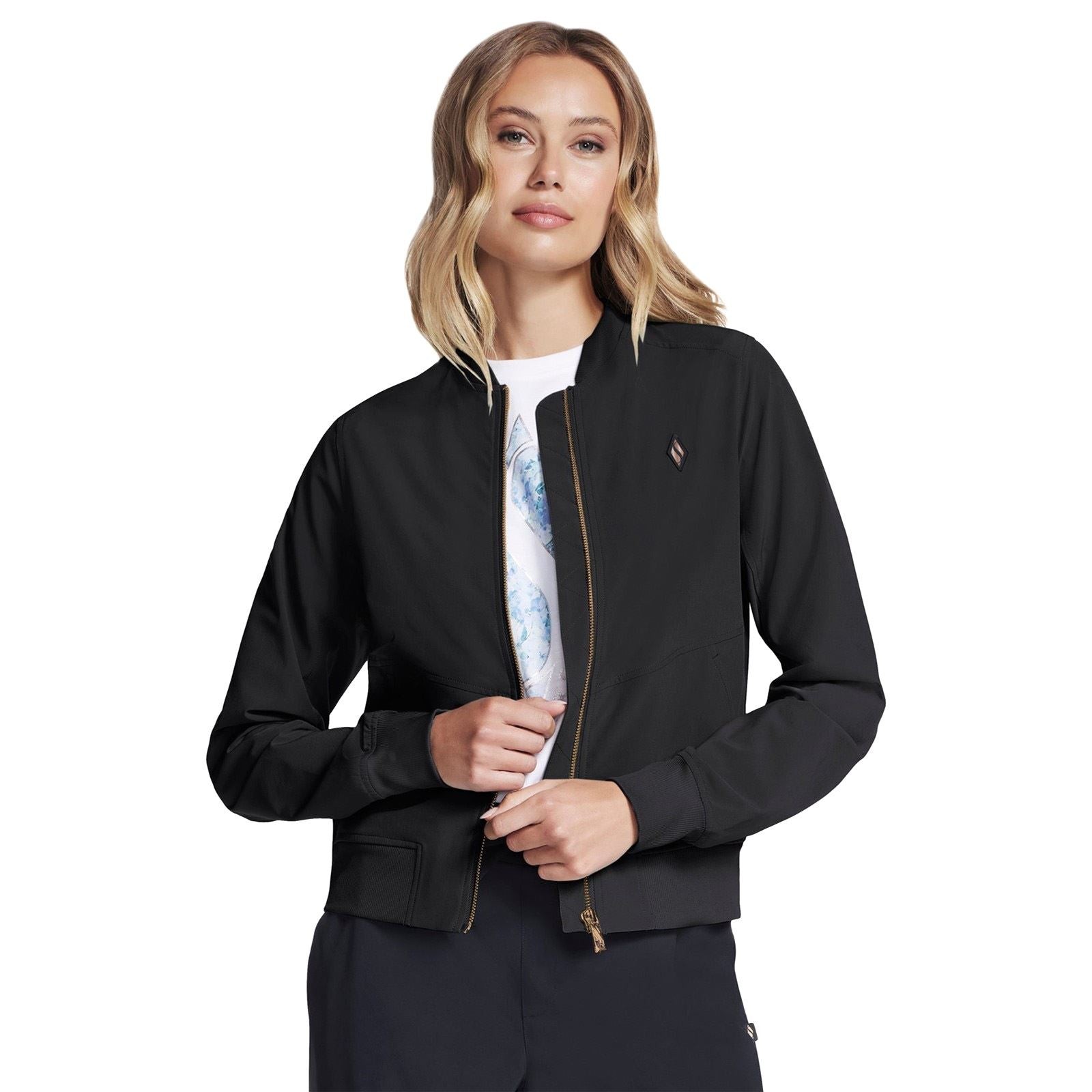 Black Skechers Uptown Jacket features a sleek design with a zip front, ribbed cuffs, and a subtle logo on the chest, made from a lightweight, breathable material.