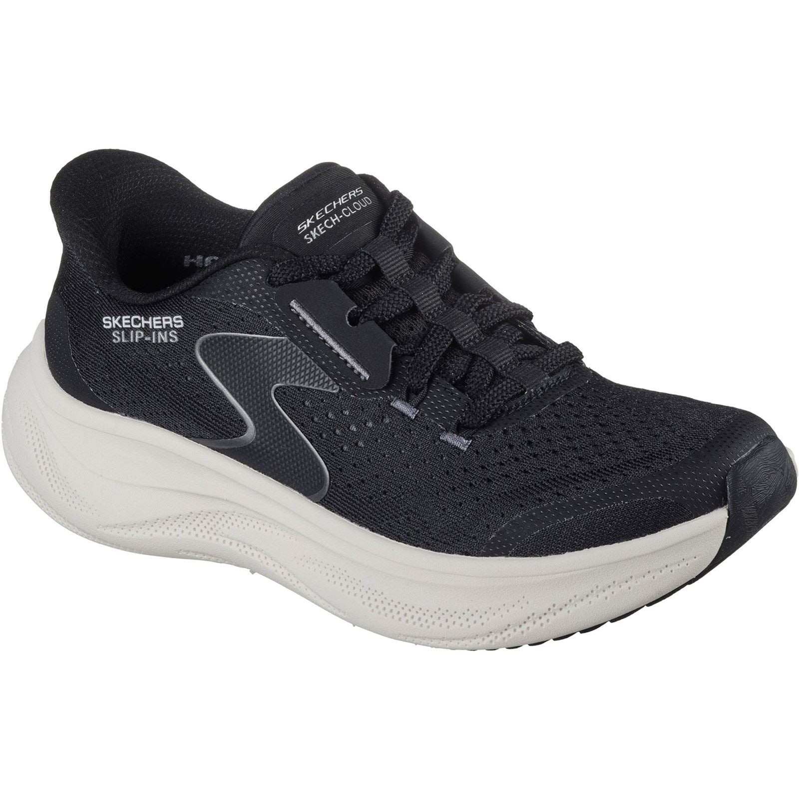 Black Skechers Skech Cloud Plush Horizon Trainers featuring a breathable mesh upper, slip-on design, and a cushioned white midsole for comfort.