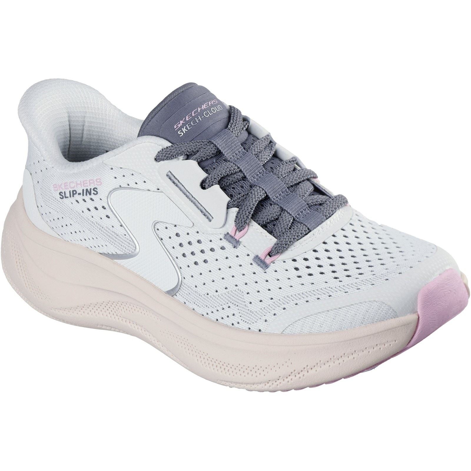 White Skechers Skech Cloud Plush Horizon Trainers featuring a breathable mesh upper, gray laces, and a cushioned sole with a pink accent on the toe.