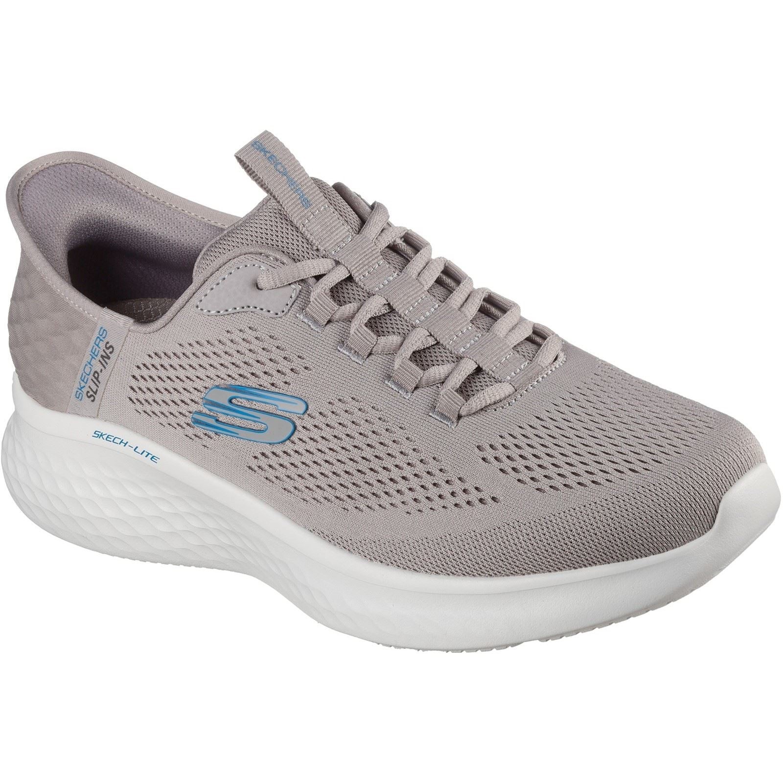 Taupe and brown Skechers Skech-Lite Pro Primebase trainers featuring a breathable textile upper, lace-up design, and cushioned white sole for comfort.
