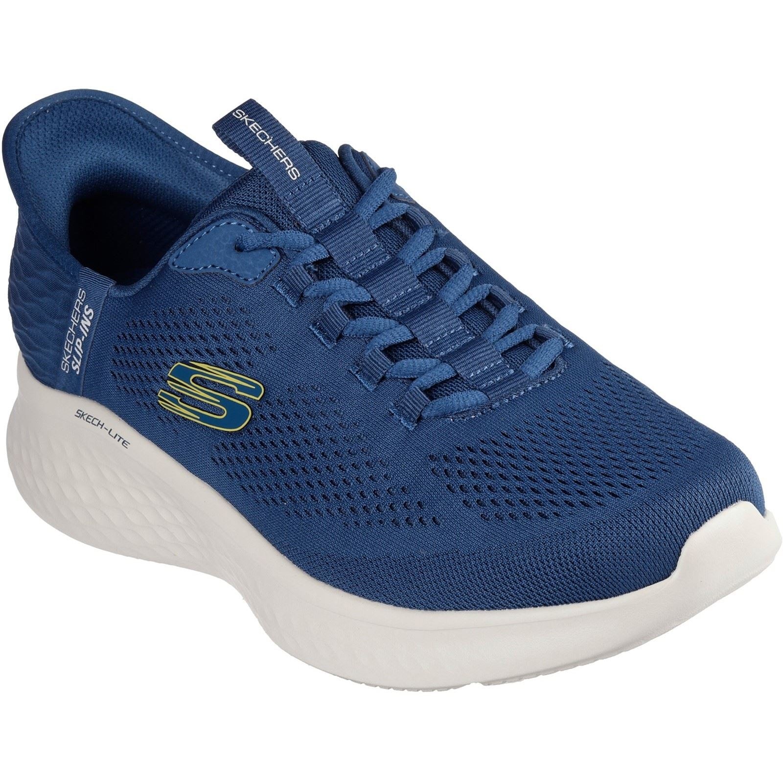 Teal textile men's trainers by Skechers featuring a breathable mesh upper, cushioned white sole, and signature Skechers logo on the side.