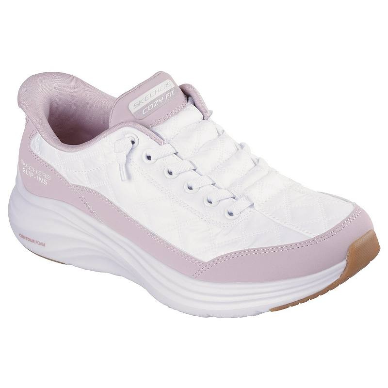 White slip-on sneakers with a quilted design, featuring lavender accents, a cushioned contour foam insole, and a textured rubber outsole for grip.