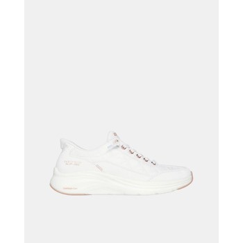 White Skechers Sport Slip-ins sneaker featuring a cozy fit, mesh and fabric upper, lace-up design, and cushioned sole with a subtle rose gold accent.