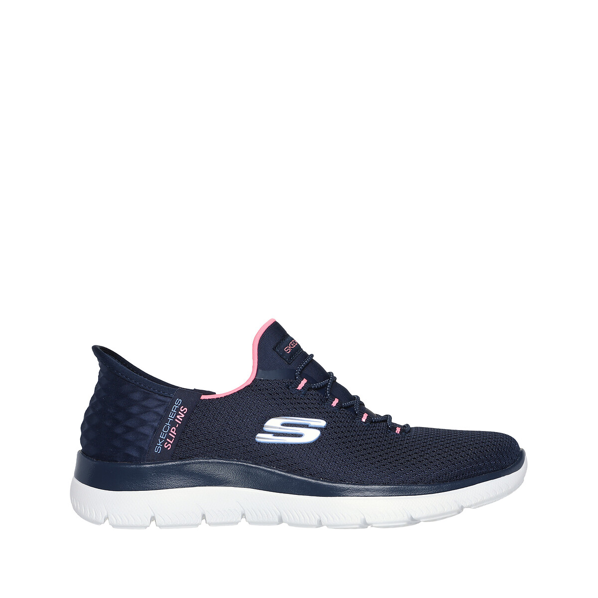 Blue mesh slip-on sneakers with pink accents, featuring a diamond pattern on the heel, a cushioned white sole, and a logo on the side.